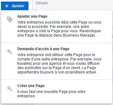Menu d'Ajout de page Facebook via Business Manager