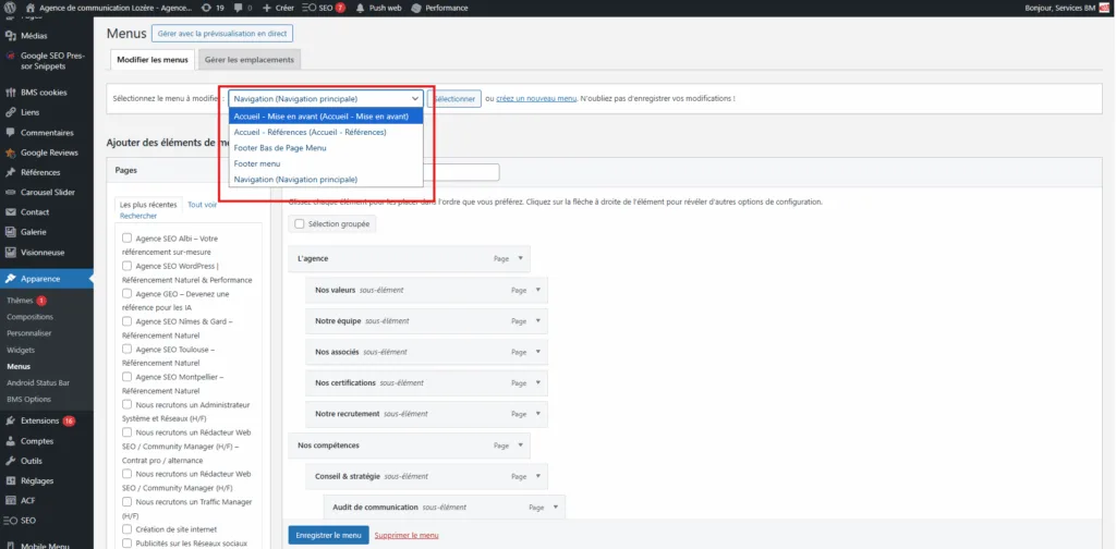 Sélectionner le menu à modifier
