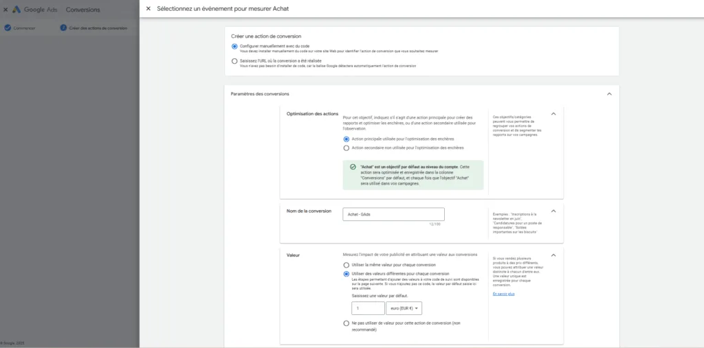 Ajouter une action de conversion manuellement