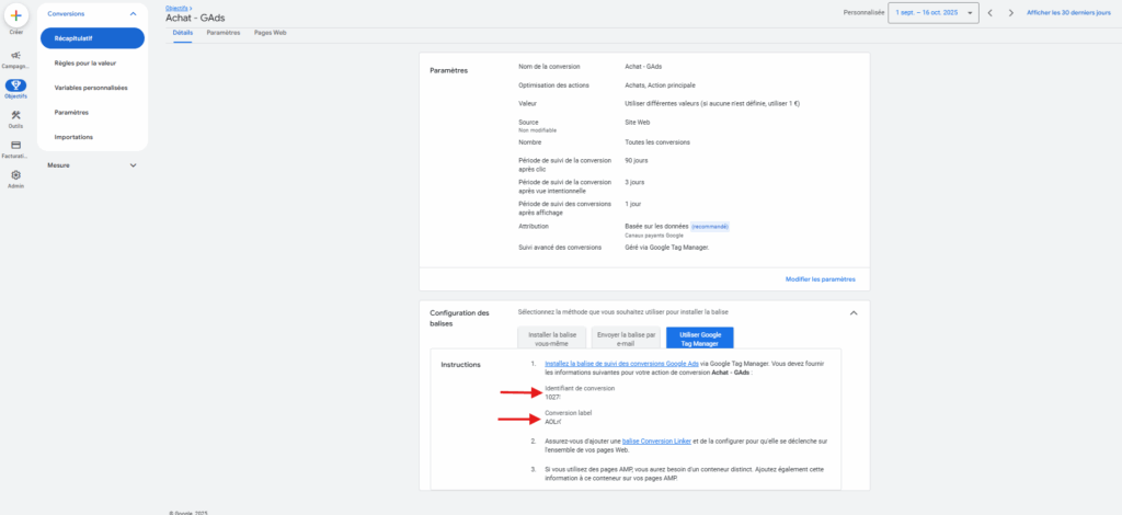 Récupérer l’ID et le label de conversion à configurer dans GTM
