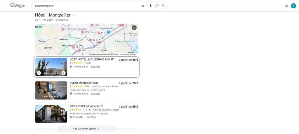 SERP local cas recherche hôtel