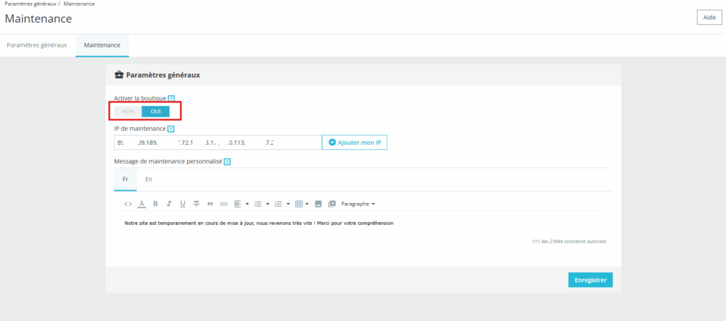 Activer le mode maintenance