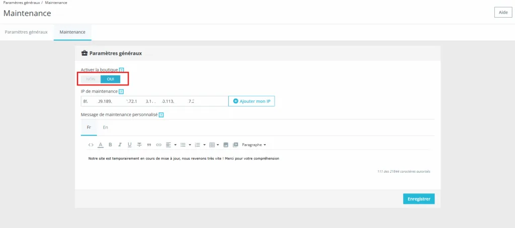 Activer le mode maintenance