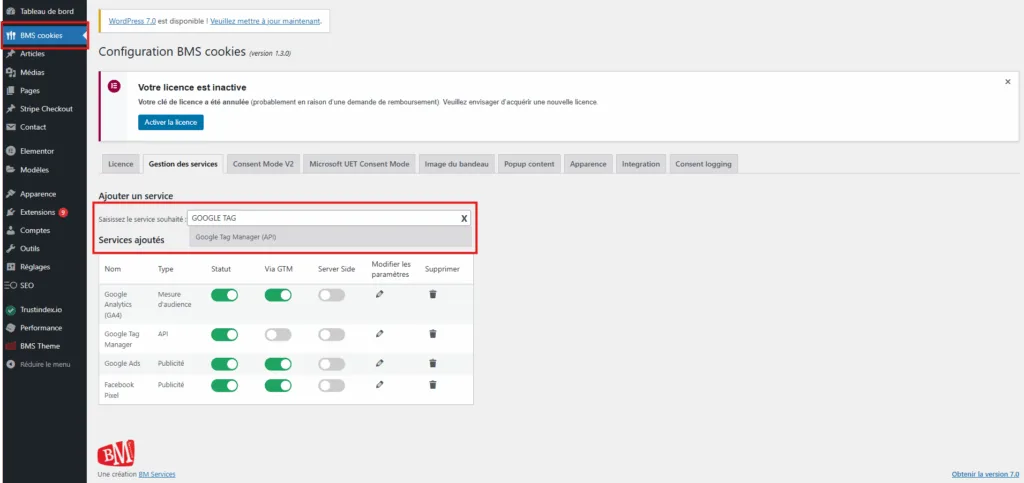 Gestionnaire des services BMS Cookies