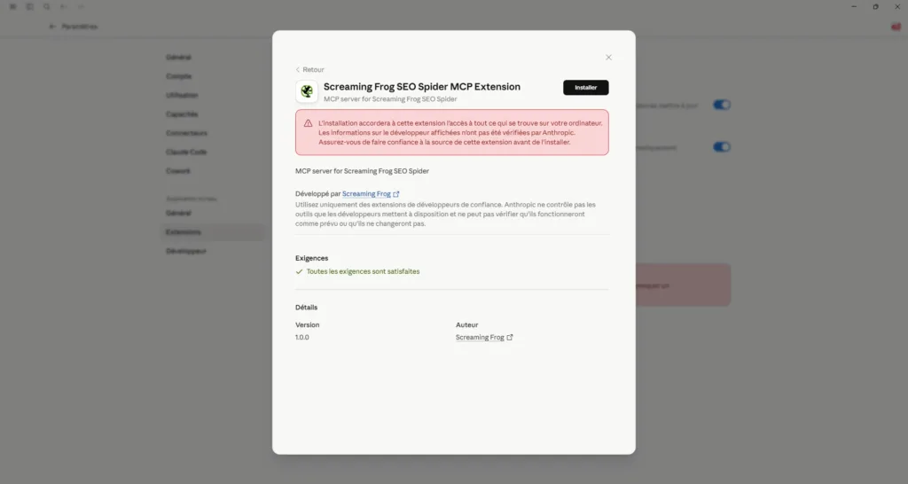 Installer le fichier spider-mcp.mcpb de Screaming Frog